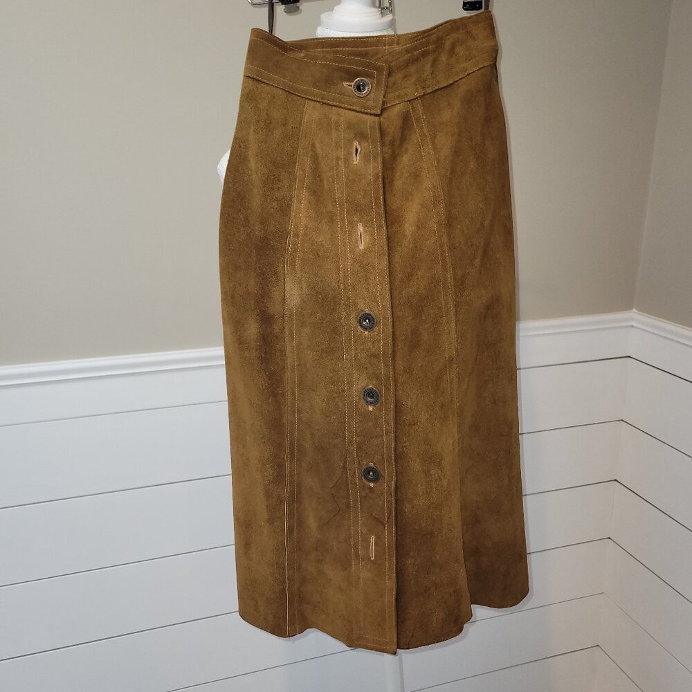 Original Vintage Midi Brown Suede Leather Skirt -Size 7/8